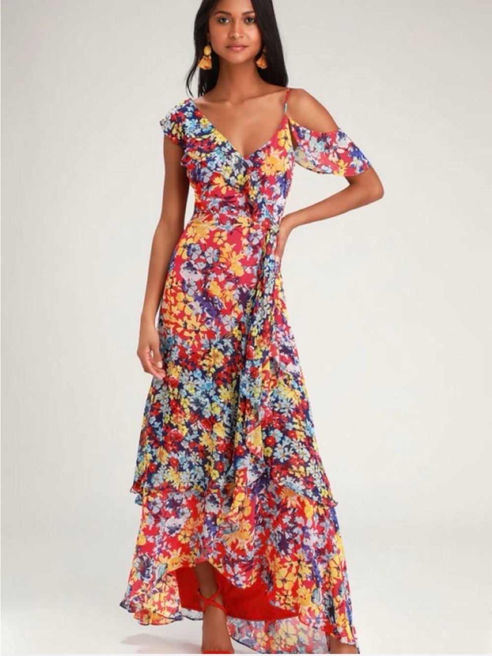 Lulu's Multicolor Floral Cold-Shoulder High-Low Maxi Dress